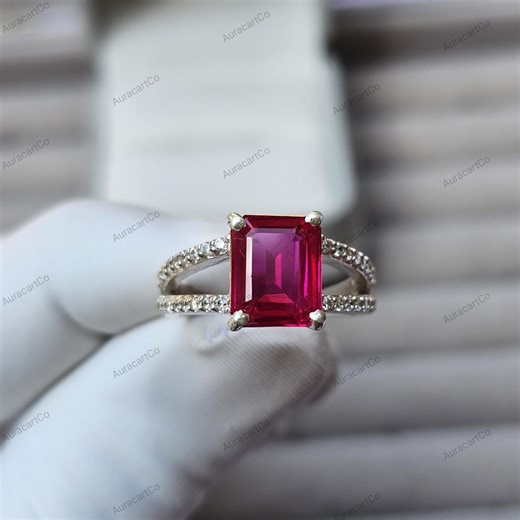 Emerald Cut Ruby Halo Ring, 925 Sterling Silver, Gift for Her - Etsy