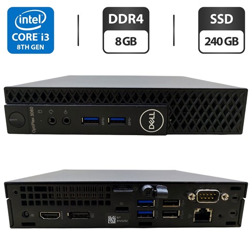 Купити неттоп Dell OptiPlex 3060 Micro USFF / Intel Core i3-8100T (4 ядра по 3.1 GHz) / 8 GB DDR4 / 240 GB SSD / Intel UHD Graphics 630 / Блок живлення в Україні