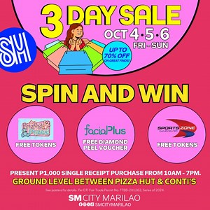14 reactions · 11 shares | ✨ Big rewards are waiting at the #SM3DaySale! ✨ Join our SPIN & WIN challenge this October 4-6 by following these steps:  STEP 1: Shop or dine with a minimum spend of P1,000 in one receipt (Oct 4-6)  STEP 2: Spin the wheel for a chance to win!  STEP 3: Redeem your voucher from participating stores. See you at SM City Marilao’s 3 Day Sale!  #GetHypedAtSM #EverythingsHereAtSM | SM City Marilao | Facebook