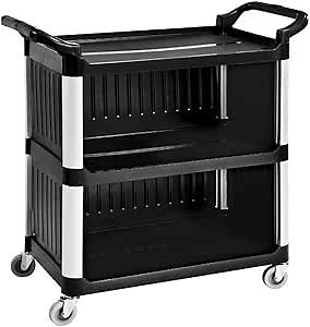 Commercial Service Carts with Wheels Enclosed Utility Cart Heavy Duty 3 Shelf Rolling Service Black