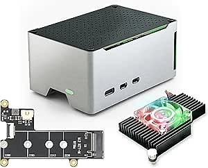 ElectroCookie Raspberry Pi 5 Case, Aluminum Compact Case with M.2 NVMe SSD PCIe HAT and Active RGB Lighting Cooler (Black Case + M.2 HAT[X1001])