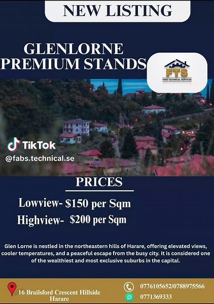 🌟 New Listing: Glenlorne Premium Stands! 🌟 📍 Location: 16 Brailsford Crescent, Hillside, Harare 💲 Prices: Lowview: $150 per Sqm Highview: $200 per Sqm Glen Lorne is nestled in the northeastern hills of Harare, offering elevated views, cooler temperatures, and a peaceful escape from the busy city. It is considered one of the most exclusive suburbs in the area. 📞 For inquiries, contact: 0771610562 / 0788975566 0771369333 Don't miss this opportunity to invest in your dream home! #fabstechnical