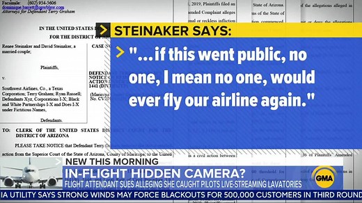 A Southwest airlines flight attendant has sued the airline alleging she caught pilots live-streaming from hidden cameras in the lavatories. gma.abc/2WhxaxW | Good Morning America