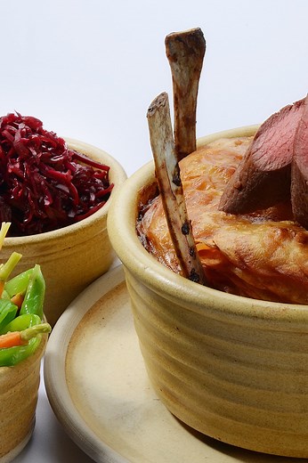 Lonk lamb Lancashire hotpot, roast loin, pickled red cabbage, tangled carrots and leeks