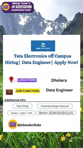 Tata Electronics off Campus Hiring |Data Engineer |Apply Now|