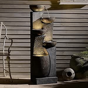 Bumilgar51.4 H Water Fountain Outdoor&Indoor, 5-Tiers Cascading Modern Feature Crocks Garden Fountains and Waterfalls with Warm Lights for Porch, Deck, Patio, Home Décor (Gray)