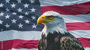 Bald eagle against waving American flag