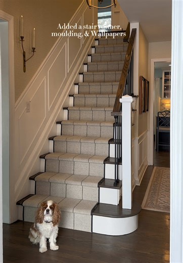 A before & after of our staircase. I originally wanted to keep the beautiful wood stairs uncovered, but when our 11-year-old golden retriever slipped going down them, we didn’t hesitate. A small change that made our home safer for our dogs, but still classic and timeless. #beforeafter #staircase #stairrunner #moulding #cozyhome Wall sconces by @magnolia
