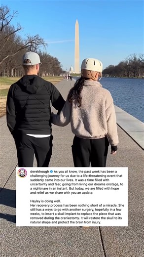 Derek Hough is sharing an update on wife Hayley Erbert’s recovery after an emergency craniectomy. He calls her progress “nothing short of a miracle,” though she still has “a ways to go” with another surgery to repair her skull. 🙏 (📷: Instagram) | Extra