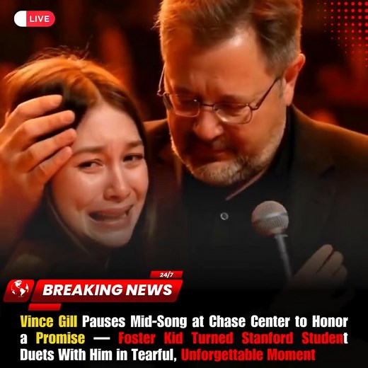 Vince Gill Pauses Mid-Song at Chase Center to Honor a Promise — Foster Kid Turned Stanford Student Duets With Him in Tearful, Unforgettable Moment The lights dimmed, the crowd held its breath, and Vince Gill’s guitar hummed softly in the background. Then, mid-song, he stopped. Not for technical issues. Not for applause. He looked out at the audience with a steady, heavy gaze — and all 18,000 fans felt the weight of a promise years in the making. Within moments, the truth unfolded: a former foste
