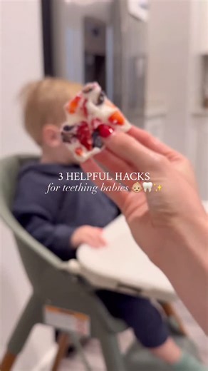 Mackenzie Hyland on Instagram: "3 EASY helpful hacks for teething babies 👶🏼🦷✨ Try one of these teething hacks to help relief pain & soothe your little one! Save this for a day when your baby is teething & send to a friend who needs to know about these hacks 😊 1. FROZEN YOGURT BARK: All you need is Greek yogurt and your little ones favorite berries! Place it in a parchment paper lined baking pan & stick in the freezer for 2 hours. Slice into small squares, feed to your baby, and store the res