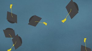 Animation of graduation hats falling on blue background | Premium Stock Video Footage