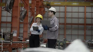Male and female professional chief engineers holding laptops stand in the factory talking and discussing industrial work processes.