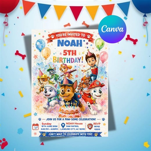 Paw Patrol Birthday Invitation | Editable Canva Template - Etsy