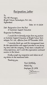 Formal Resignation Letter A well-crafted resignation letter expressing gratitude and professionalism while resigning from a company. Great reference for corporate employees. #ResignationLetter #ProfessionalLetter #CareerMove #WorkLife #JobTransition #FormalCommunication | EduSphere Academy