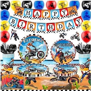 Dirt Bike Birthday Party Decoration Supplies, 10 Guests Motorcycle Birthday Decorations Motorcycle Party Tableware Dirt Bike Party Plates and Napkins Cups Banner Balloon etc Motocross Party Supplies