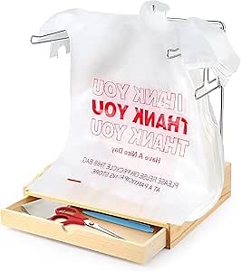 Plastic Grocery Bag Holder, Durable Chrome T-shirt Bag Rack with Wooden Drawer Box, Plastic Bag Organizer for Grocery Store, Supermarket, Kitchen, Restaurant
