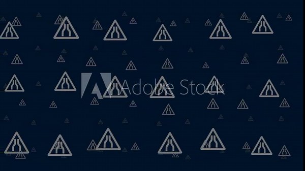 Road narrowing signs float horizontally from left to right. Parallax fly effect. Floating symbols are located randomly. Seamless looped 4k animation on dark blue background