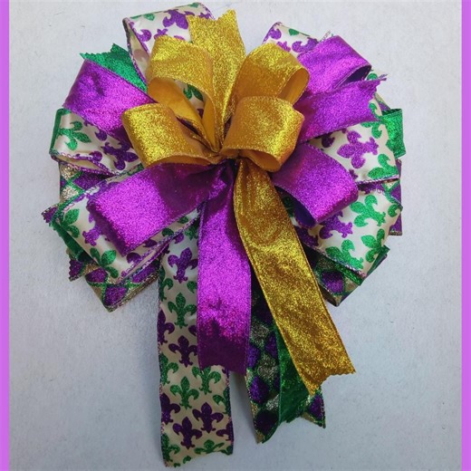 Fleur De Lis Mardi Gras Bow | Purple, Gold, & Green - Etsy