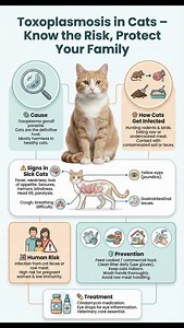 🐱 Toxoplasmosis in Cats: Know the Risk, Protect Your Family 🦠 What is Toxoplasmosis? Toxoplasmosis is caused by the parasite Toxoplasma gondii. Cats are the definitive host—most healthy cats show no signs, but the disease can become serious in sick cats and humans. ⚠️ Key Signs in Cats • Fever, weakness, loss of appetite • Seizures, tremors, blindness • Breathing difficulty • Jaundice & gut problems 👨‍👩‍👧 Human Health Alert ⚠️ High risk for: • Pregnant women • Low-immunity patients Infectio