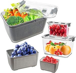 Fruit Storage Containers for Fridge with Removable Colanders, Airtight Produce Vegetable Berry Containers with lid for Fridge, Food Storage Containers for Washing, Draining, Freshness