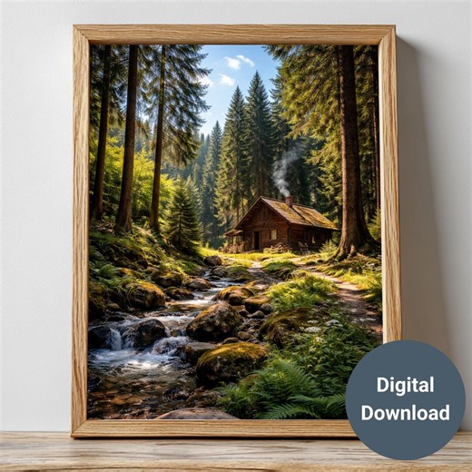 Rustic Forest Cabin Wall Art, Woodland Landscape Print, Cozy Cabin in the Woods Poster, Nature Wall Decor, Cottagecore Forest Art - Etsy