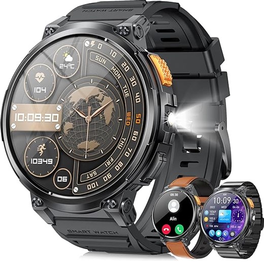 LEMFO Smartwatch Herren 1.85" Großes Display und 730mAh Akku, IP68 Wasserdicht/120+Sport Modus/Herzfrequenz, Schlaferkennung Outdoor Smart Watch Herren Militär für Android iOS, 3 Uhrarmband