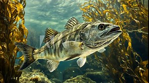 Underwater exploration of striped bass swimming among kelp forests in a vibrant marine ecosystem