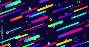 Animation multi-colored shapes that move up streaming across the screen. Flat animation with triangles, circles and rectangles different size. Abstract background with neon moving figures. Loop