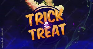Animation of trick or treat text and ghost over orange smoke background