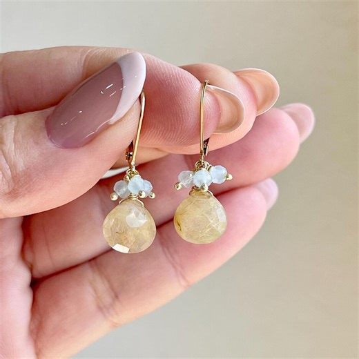 Rutilated Quartz and Aquamarine Earrings, Golden Rutile and Blue Petite Dangle Earrings Gold or Silver, Yellow Minimalist Jewelry Mom Gift - Etsy
