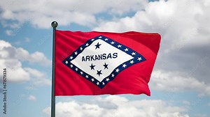 Arkansas state waving flag. USA Close up American AR flag flutters in the wind. Cloudy sky background. Realistic 3d render cgi.