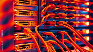 Close up of many orange network cables connected to a server rack.