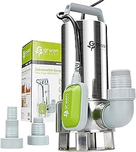 Green Expert 1.5HP Submersible Sump Pump, Max 6000 GPH High Flow, Full 304 Stainless Steel, Automatic Tethered Float Switch, 25 ft Power Cord, Handles 1-1/3 in Solids, for Basement Sewage Pit & Pools