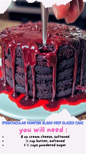 Spooktacular Vampire Blood Drip Glazed Cake Sinisterly Sweet Spooktacular Vampire Blood Drip Cake with Velvety Chocolate Layers and Red Cherry Glaze Recipe Ingredients: For the Cake: 2 cups all-purpose flour ¾ cup unsweetened cocoa powder 1 ½ teaspoons baking powder 1 ½ teaspoons baking soda ½ teaspoon salt 1 cup buttermilk, room temperature 1 cup hot water or hot coffee (for richer flavor) 1 cup granulated sugar ½ cup light brown sugar ¾ cup vegetable oil 2 large eggs 2 teaspoons vanilla extrac