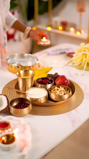 Nestasia Home Decor on Instagram: "All set for a magical Karwa Chauth? Get ready to shine with Nestasia. 😌 Here’s to love, traditions, and stunning decor! 💕🤩✨ Products featured: 1. Pure Kansa Single Person Dinner Set Of 5 With Gift Box 2. Mehrab Design Natural Marble Serving Platter 14 Inch 3. Set Of 2 Pearl Embellished Potli Bags 4. Marble Stone Platter With Mehrab Design 10 Inch 5. Luxury Jewellery Box With Velvet Base 6. Floral Decorative Wall Mirror Gold 7. Eden Moon Handbag Pink #karwach