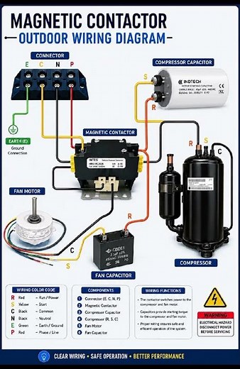 Magnetic Contactor Outdoor Wiring Diagram | AC Compressor & Fan Motor Wiring
