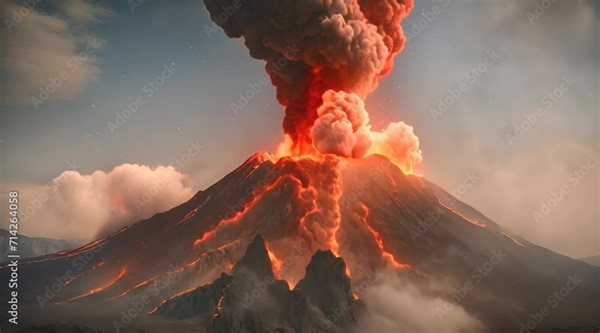AI generated video of volcano erupting. amazing volcanic eruption and explosion shock waves, Hot lava and magma coming out of crater. spectacular volcanic eruption and explosion, thick smoke billowing