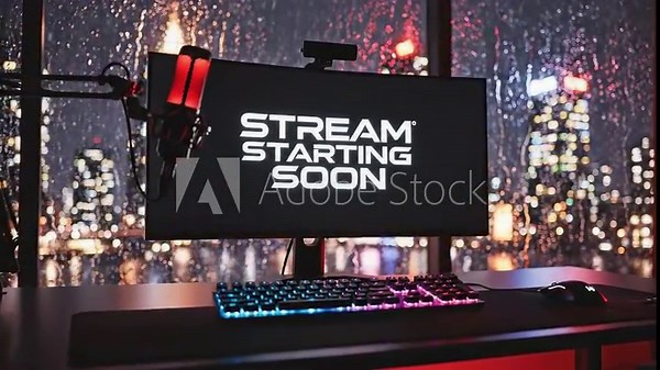 Stream Setup: Gaming Station with City Lights Backdrop. Stream starting soon screen, overlay loop, animated virtual backgrounds, vtuber asset twitch zoom OBS.