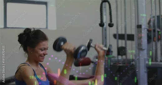 Coach spotting client starting dumbbell press on bench guiding form overlay showing training graphs