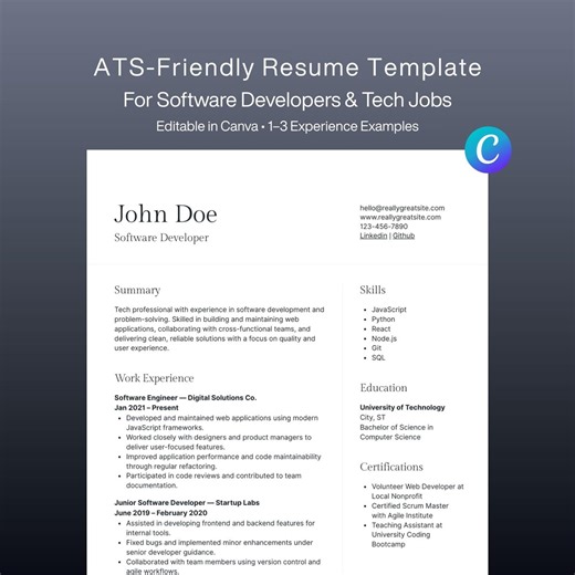Ats-friendly Resume Template | Software Developer, Tech (canva Editable, Digital Download) - Etsy