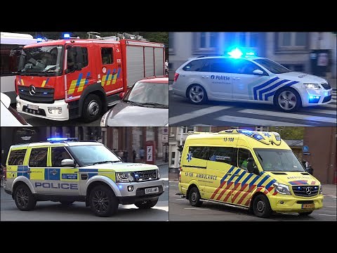 Fire Trucks, Police Cars and Ambulances responding with siren and lights in Europe