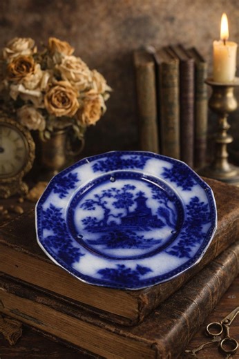 Antique Flow Blue Plate 4.25" / Octagonal Staffordshire Pagoda Scene / Cobalt Transferware / Victorian Small Dish - Etsy
