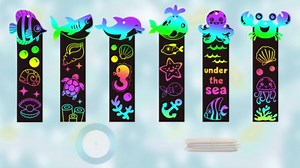 BeYumi 60Pcs Sea World Animals Scratch Bookmarks for Kids DIY Under The Sea Magic Art Rainbow Color Paper Craft Kit Summer Party Favors Birthday Gifts School Classroom Activity Art Project Supplies