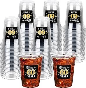 Funnymoom 60 Pack 60th Birthday Decorations Cups 12 oz Cheers to 60 Years Disposable Clear Plastic Cups for Men Women 60th Birthday Wedding Anniversary Party Decorations Favors