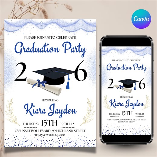 Graduation Party Invitation, Class of 2025 Graduation Celebration Invitation, Blue Graduation Invitation, Grad Party Invite, Canva Editable - Etsy