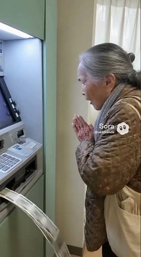 ATMで手を合わせるおばあちゃん