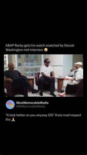 @mostmemorablemedia on Instagram: "The moment Denzel Washington casually slid A$AP Rocky’s watch off his wrist mid interview instantly became one of the funniest press run clips of the year. During a GQ “Epic Conversations” sit down alongside Spike Lee to promote “Highest 2 Lowest,” Denzel jokingly “robbed” Rocky by smoothly removing his Audemars Piguet Royal Oak while the cameras were still rolling. Spike Lee immediately chimed in that the “watch is gone,” and Rocky, laughing, admitted it looke