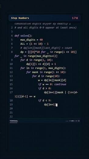 Project Euler #178: Step Numbers | Python #coding #python #programming