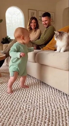 Baby & Cat's Sweet First Steps Encounter